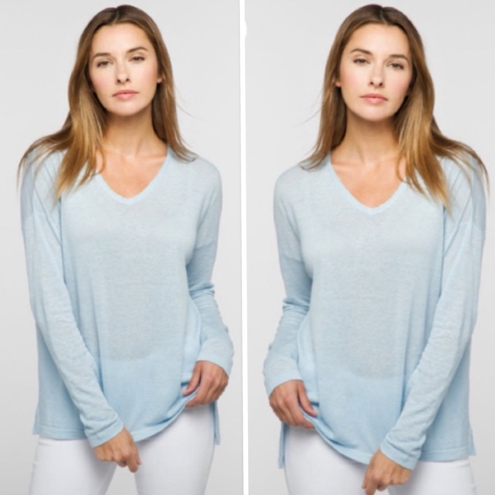 KINROSS 100% Linen V-neck Side Slits Lightweight Tunic Sweater In Ski Blue Sz XS